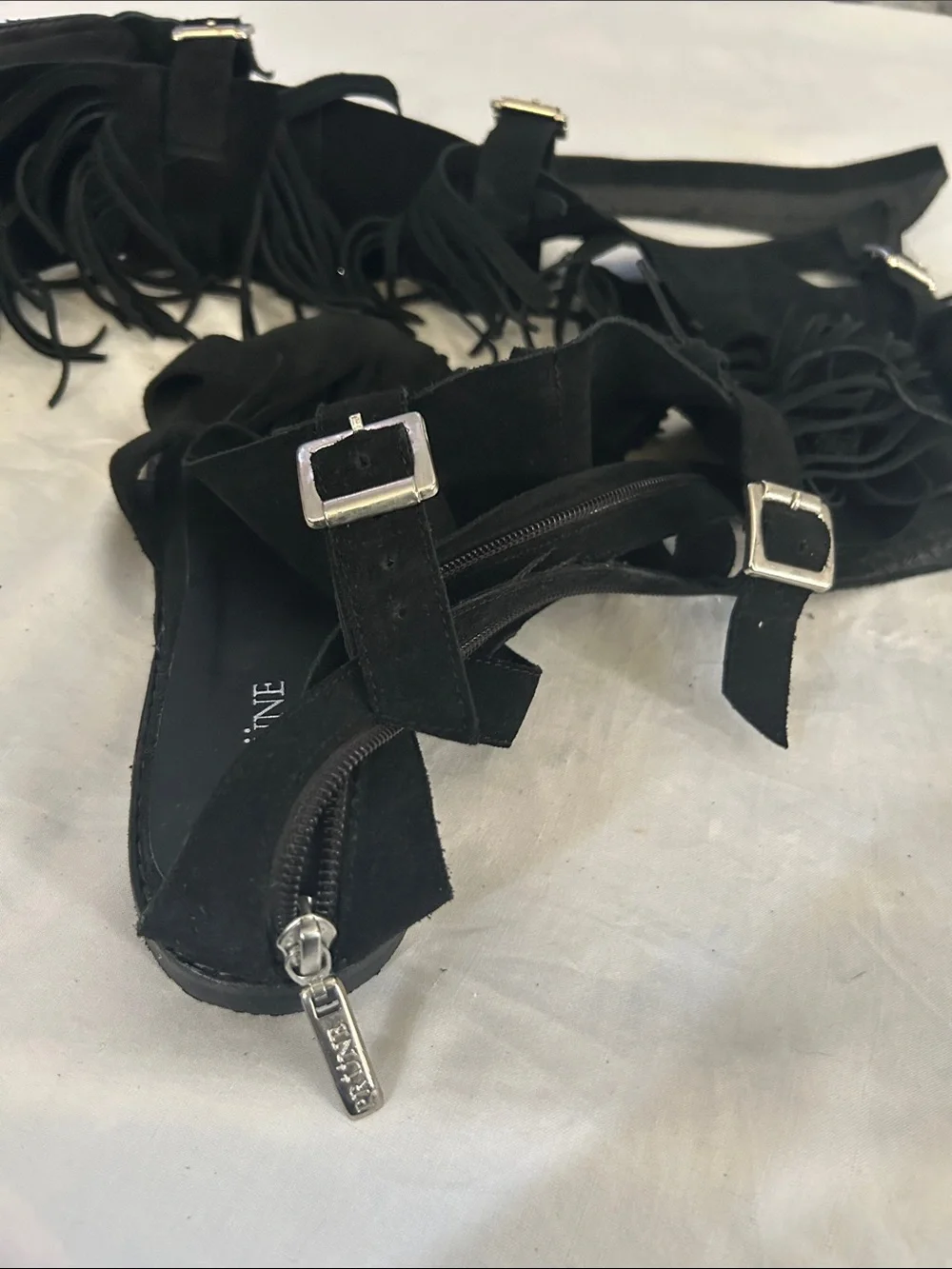 Prune Black Fringe Gladiator Sandals with Buckle Straps
